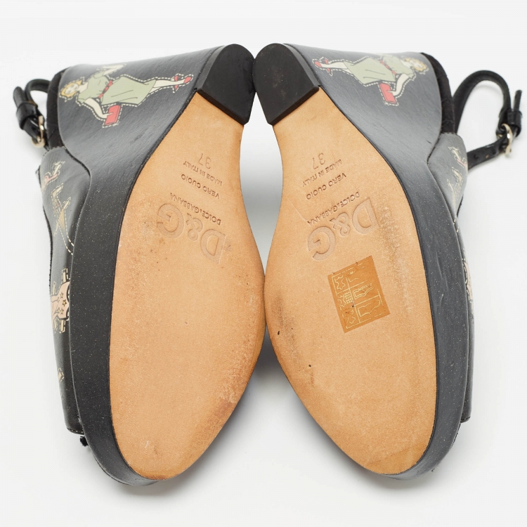 Pre Owned Dolce & Gabbana Black Leather Peep Toe Wedge Slingback Sandals Size 37