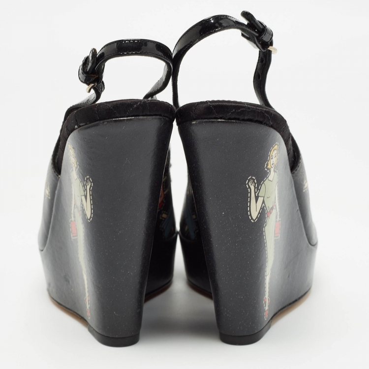 Pre Owned Dolce & Gabbana Black Leather Peep Toe Wedge Slingback Sandals Size 37