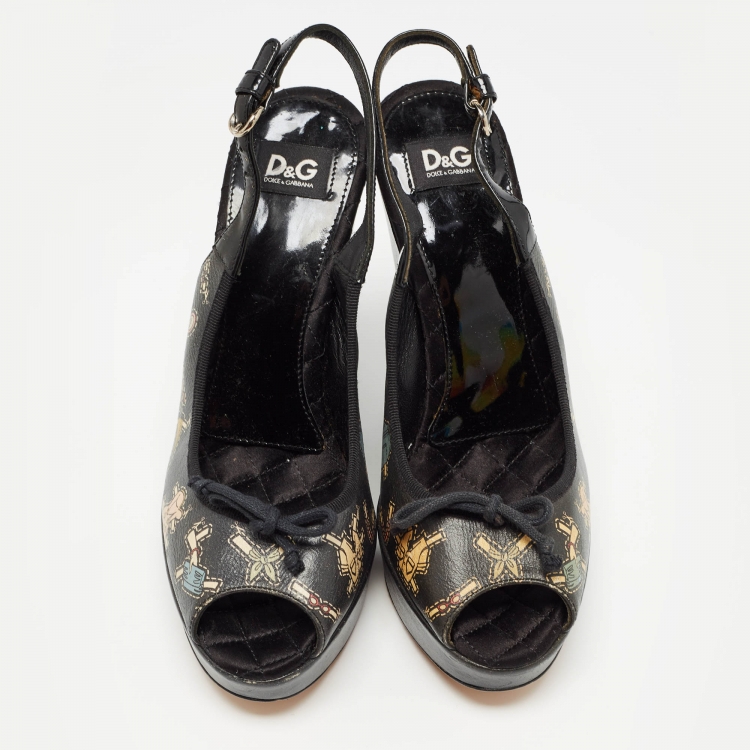 Pre Owned Dolce & Gabbana Black Leather Peep Toe Wedge Slingback Sandals Size 37