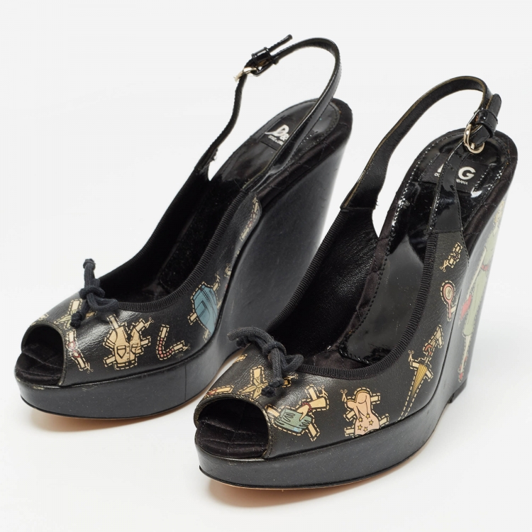 Pre Owned Dolce & Gabbana Black Leather Peep Toe Wedge Slingback Sandals Size 37