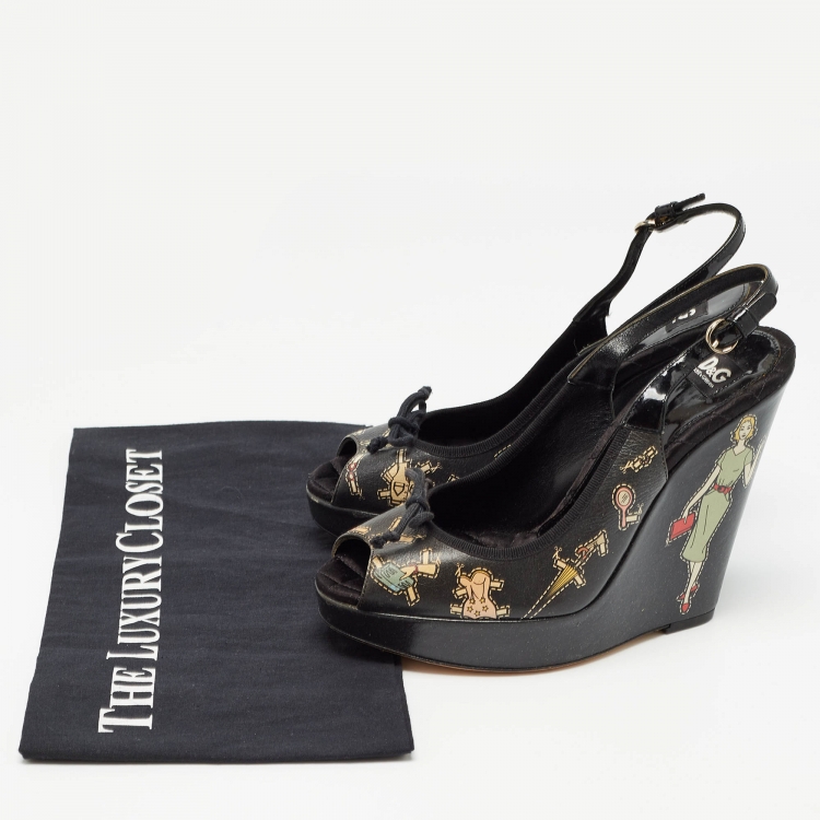 Pre Owned Dolce & Gabbana Black Leather Peep Toe Wedge Slingback Sandals Size 37