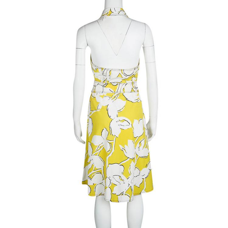 مملوكة مسبقًا Diane Von Furstenberg Yellow and White Eden Garden Tenner Floral Print Halter Dress S