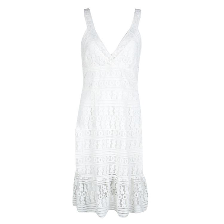 Pre Owned Diane Von Furstenberg White Guipure Lace Sleeveless Tiana Flounce Dress M