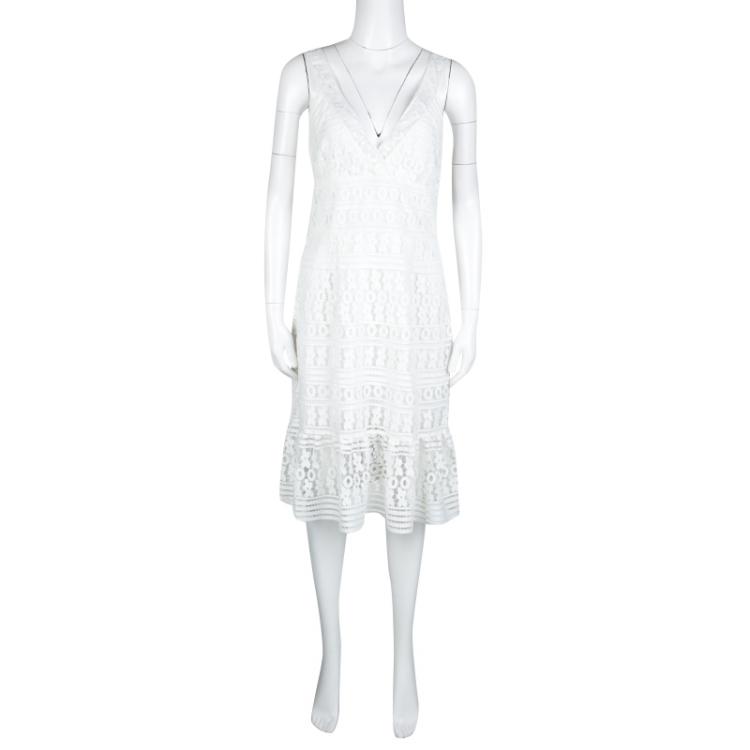 Pre Owned Diane Von Furstenberg White Guipure Lace Sleeveless Tiana Flounce Dress M