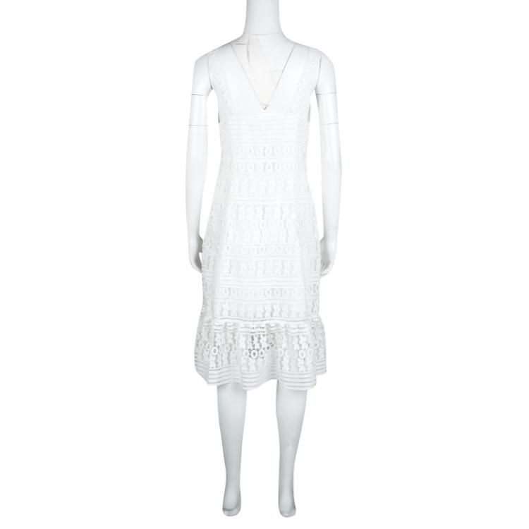 Pre Owned Diane Von Furstenberg White Guipure Lace Sleeveless Tiana Flounce Dress M
