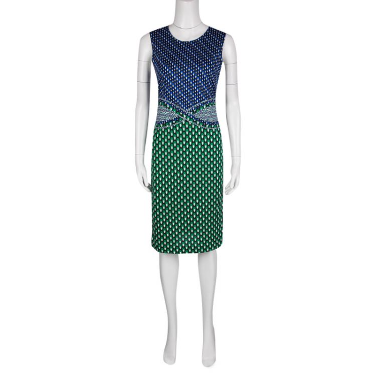 مملوكة مسبقًا Diane Von Furstenberg Green and Blue Dot Printed Silk Jersey Evita Shift Dress M