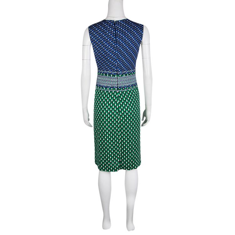 مملوكة مسبقًا Diane Von Furstenberg Green and Blue Dot Printed Silk Jersey Evita Shift Dress M