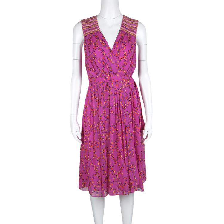 مملوكة مسبقًا Diane Von Furstenberg Shalamar Pink Floral Printed Silk Sleeveless Bali Wrap Dress L