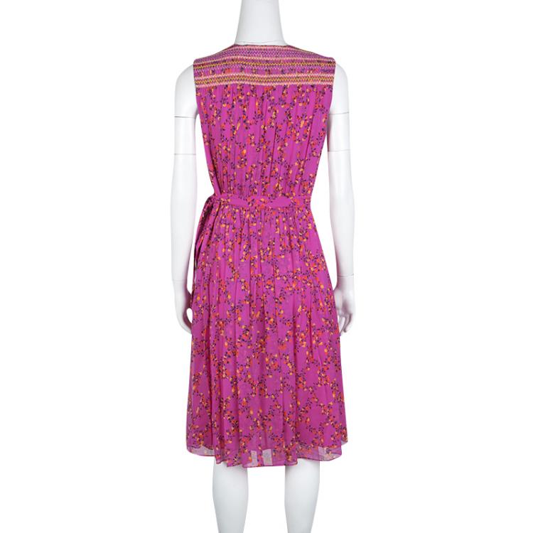 مملوكة مسبقًا Diane Von Furstenberg Shalamar Pink Floral Printed Silk Sleeveless Bali Wrap Dress L