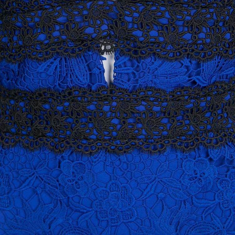 Pre Owned Diane Von Furstenberg Deep Night Blue Lace Plunge Neck Long Sleeve Viera Dress M