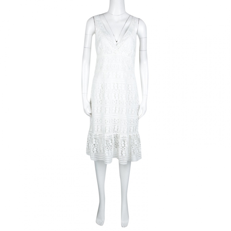 Pre Owned Diane Von Furstenberg White Guipure Lace Sleeveless Tiana Flounce Dress L