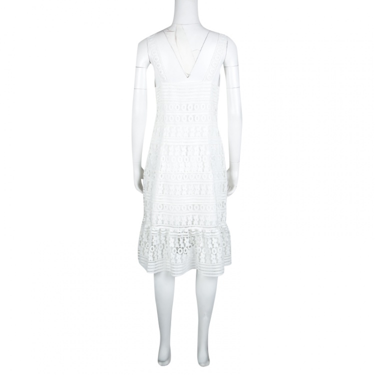 Pre Owned Diane Von Furstenberg White Guipure Lace Sleeveless Tiana Flounce Dress L