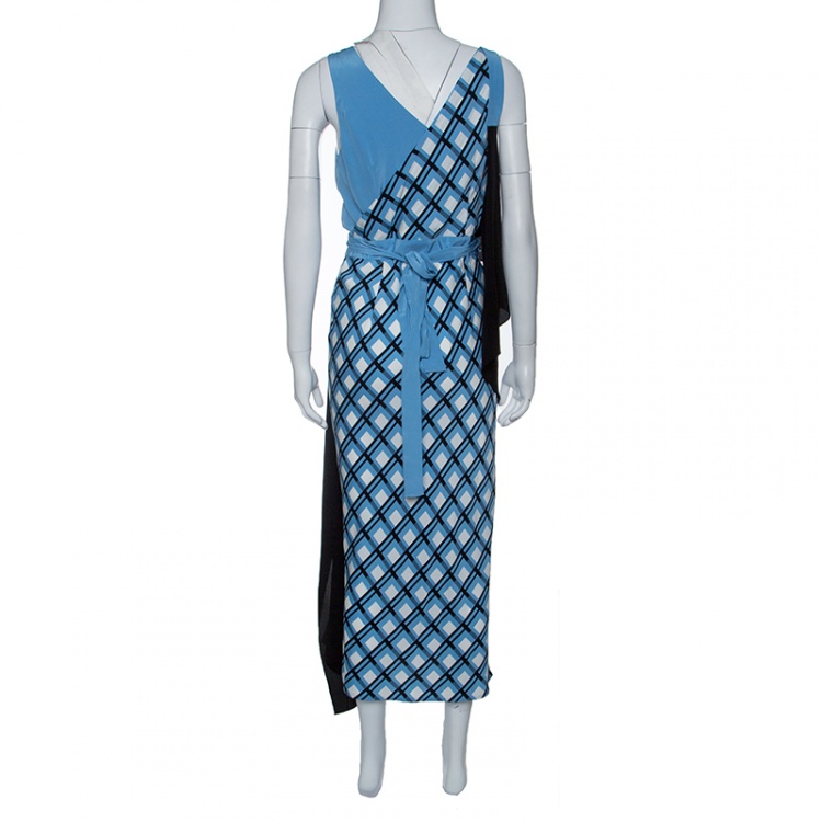Pre Owned Diane Von Furstenberg Multicolor Rivoli Checked Asymmetric Ruffle Front Dress M