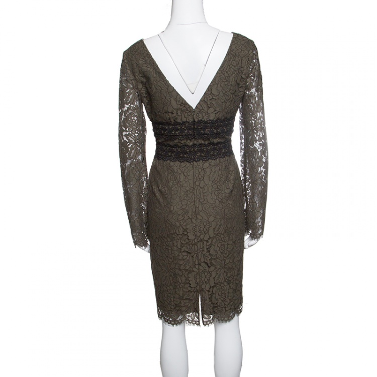 مملوكة مسبقًا Diane Von Furstenberg Olive Green Lace Plunge Neck Long Sleeve Viera Dress M