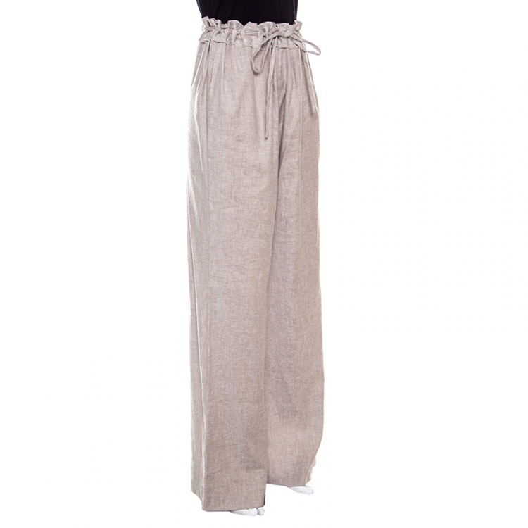 Pre Owned Diane Von Furstenberg Beige Linen Wide Leg Belted Davin Trousers L