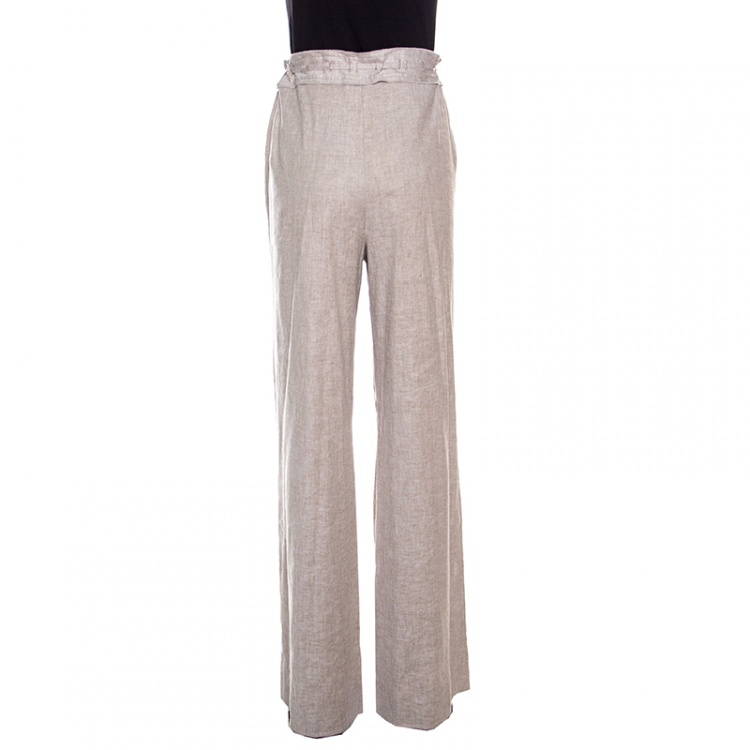 Pre Owned Diane Von Furstenberg Beige Linen Wide Leg Belted Davin Trousers L
