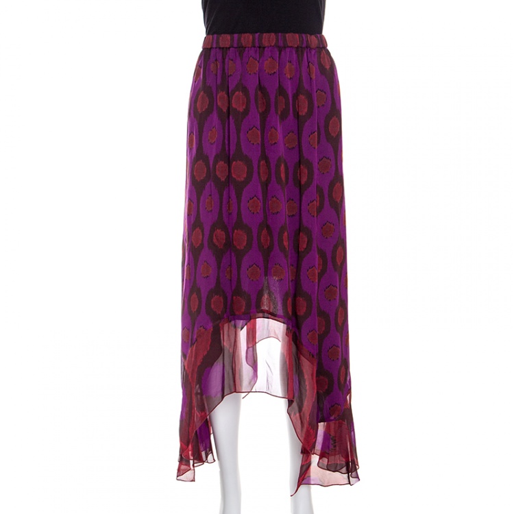 مملوكة مسبقًا Diane Von Furstenberg Purple Printed Silk Asymmetric Louella Skirt M
