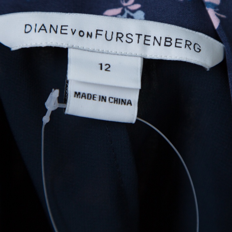 Pre Owned Diane Von Furstenberg Navy Blue Daisy Bud Printed Silk Bethune Wrap Skirt L