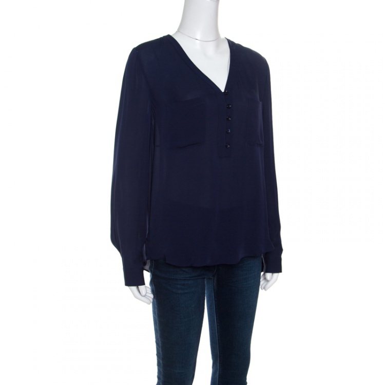 Pre Owned Diane Von Furstenberg Navy Blue Silk Long Sleeve High Low Arden Top M