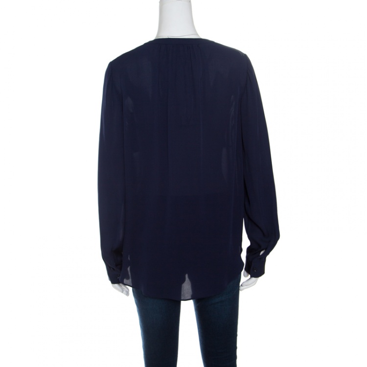 Pre Owned Diane Von Furstenberg Navy Blue Silk Long Sleeve High Low Arden Top M