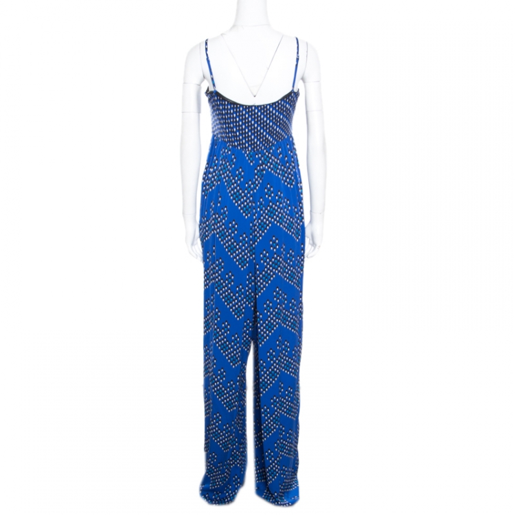 Pre Owned Diane Von Furstenberg Blue Chevron Dots Printed Silk Sleeveless Ivena Jumpsuit L