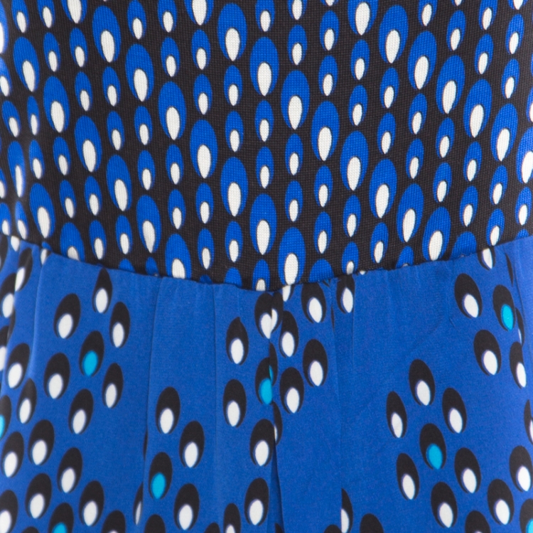 Pre Owned Diane Von Furstenberg Blue Chevron Dots Printed Silk Sleeveless Ivena Jumpsuit L