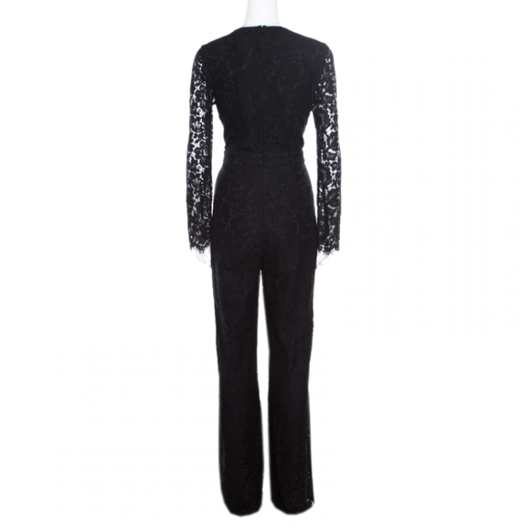 Pre Owned Diane Von Furstenberg Black Lace Plunge Neck Detail Kyara Tux Jumpsuit M