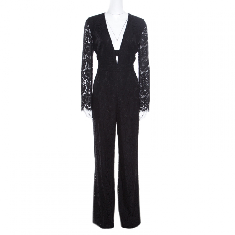 Pre Owned Diane Von Furstenberg Black Lace Plunge Neck Detail Kyara Tux Jumpsuit M