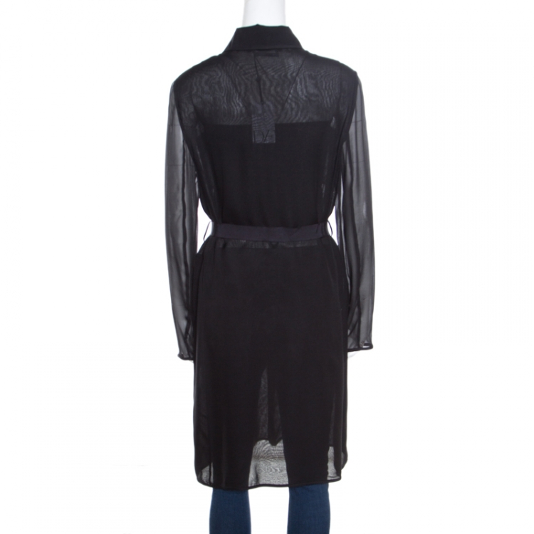 Pre Owned Diane Von Furstenberg Black Silk Georgette Utilitarian Blaine Belted Coat L