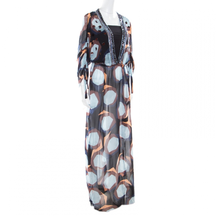 مملوكة مسبقًا Diane Von Furstenberg Multicolor Printed Silk Sequin Embellished Melli Cover Up Dress L