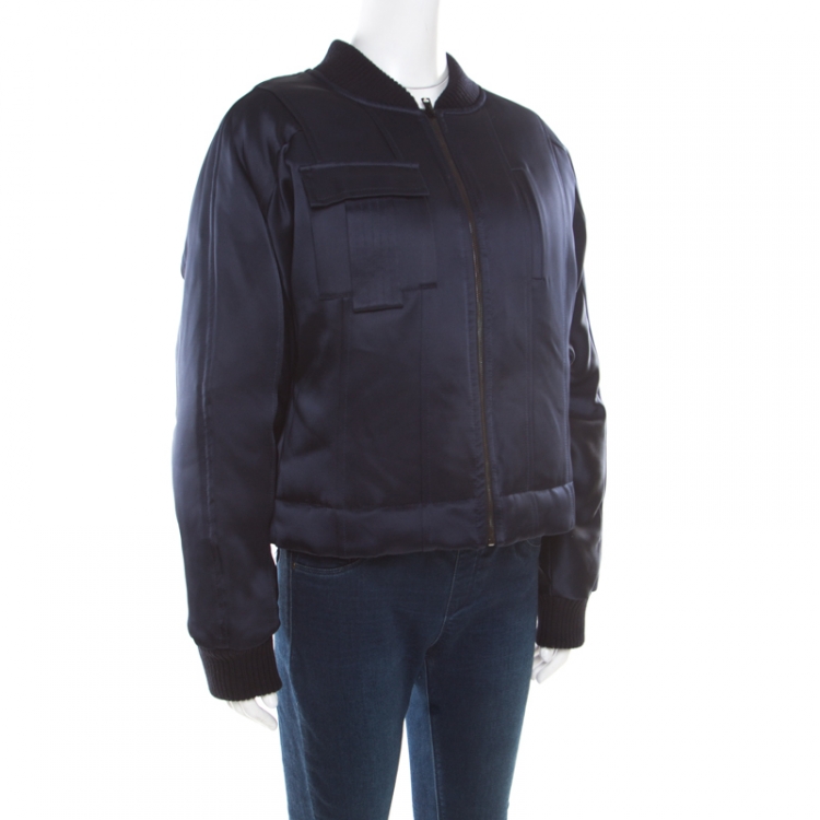 Pre Owned Diane Von Furstenberg Navy Blue Satin Alexander Bomber Jacket M