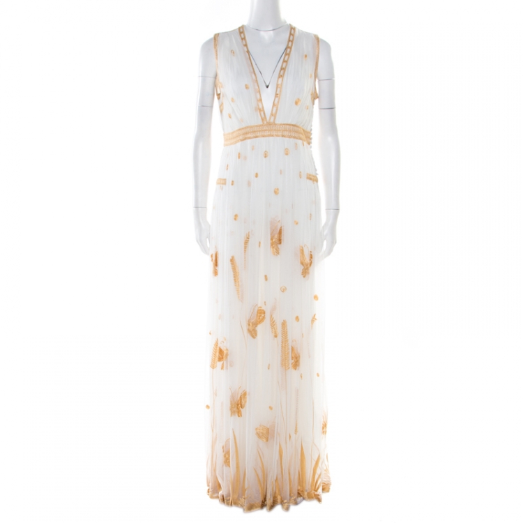Pre Owned Diane Von Furstenberg Ivory and Gold Embroidered Tulle Plunge Neck Vivanette Goddess Gown M