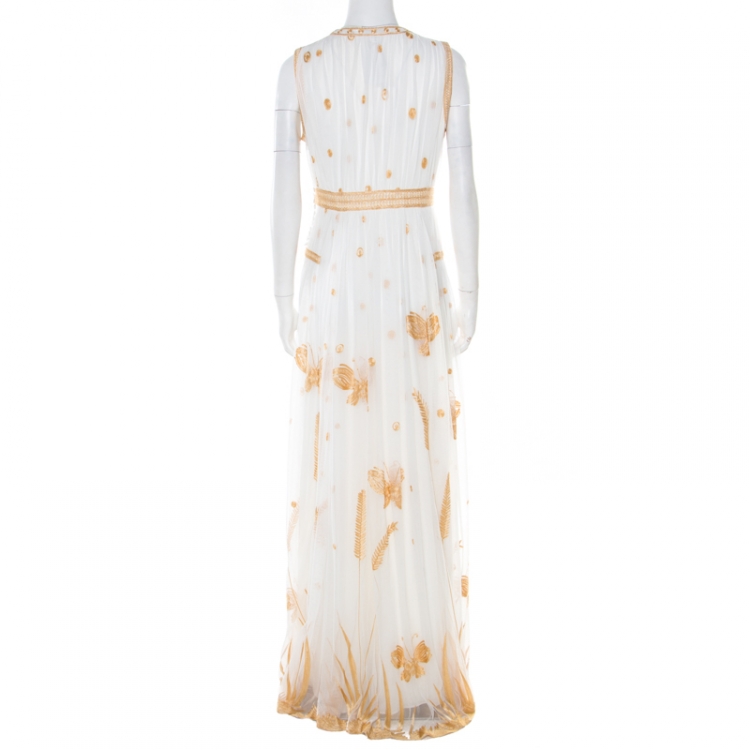 Pre Owned Diane Von Furstenberg Ivory and Gold Embroidered Tulle Plunge Neck Vivanette Goddess Gown M