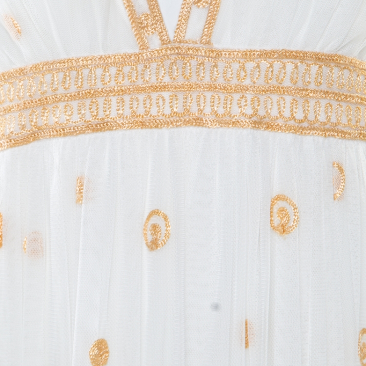 Pre Owned Diane Von Furstenberg Ivory and Gold Embroidered Tulle Plunge Neck Vivanette Goddess Gown M