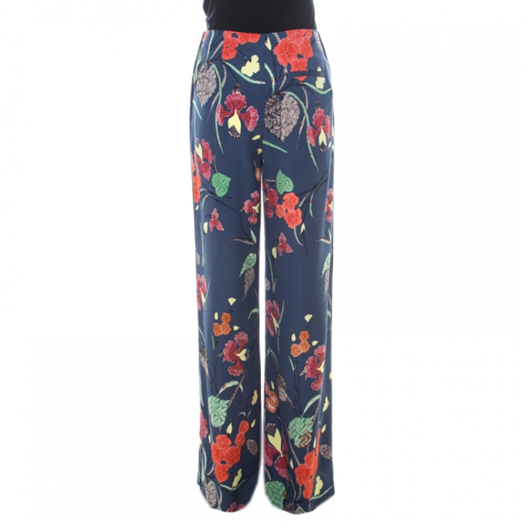 Pre Owned Diane von Furstenberg Indigo Blue Floral Print Silk Wide Leg Trousers S