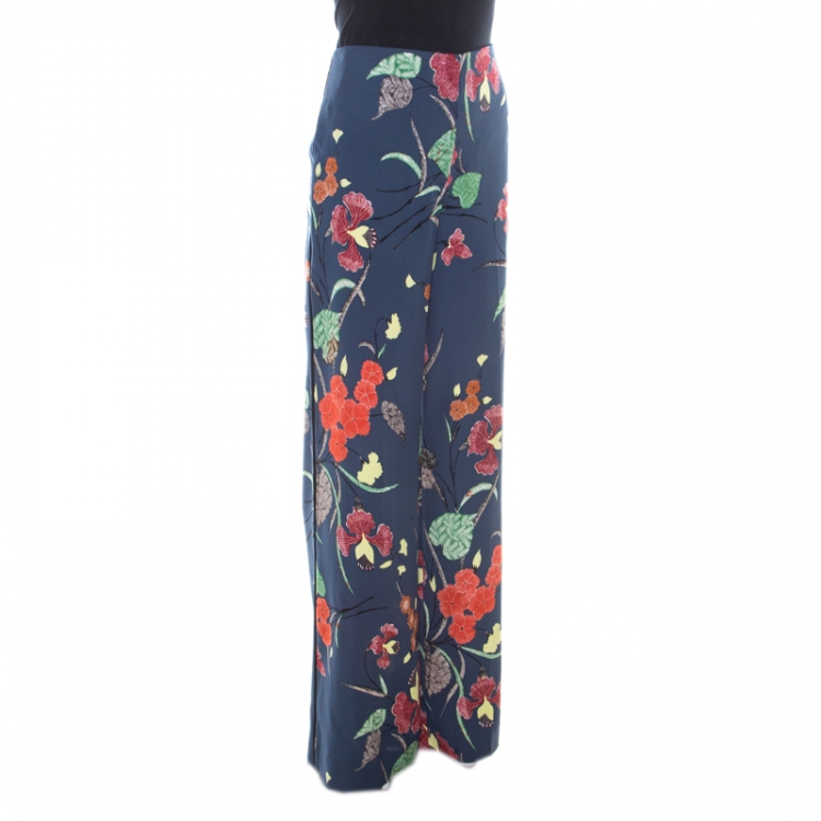 Pre Owned Diane von Furstenberg Indigo Blue Floral Print Silk Wide Leg Trousers S