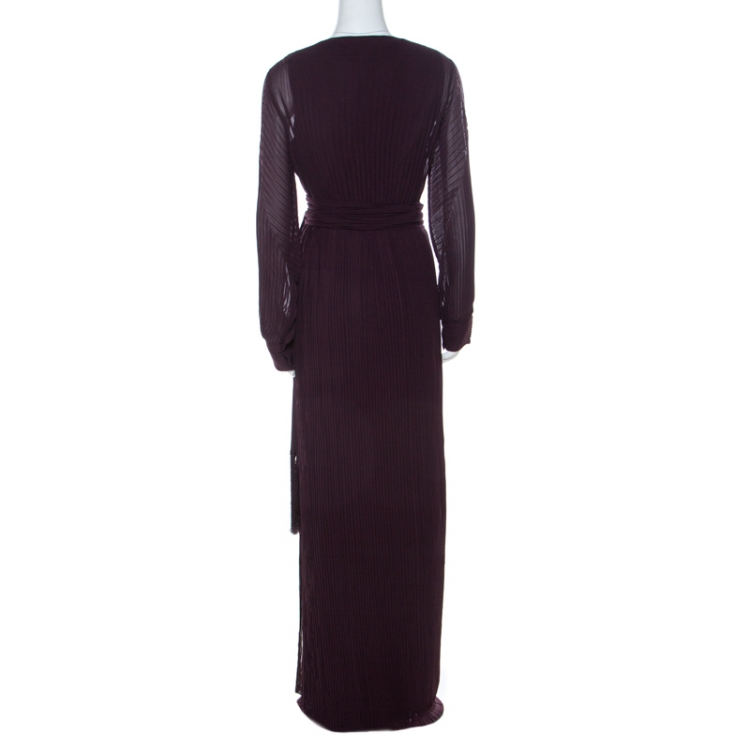 Pre Owned Diane von Furstenberg Cherry Purple Plisse Chiffon Solenn Wrap Gown L