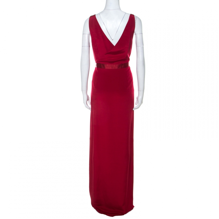مملوكة مسبقًا Diane Von Furstenberg Red Silk Asymmetrical Side Slit Gown XL