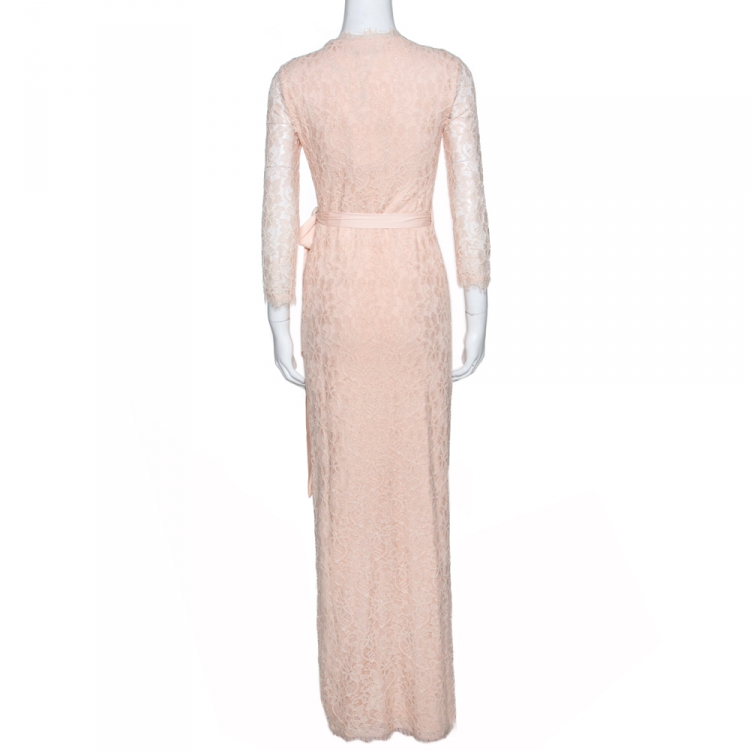 Pre Owned Diane von Furstenberg Cream Floral Lace Julianna Wrap Maxi Dress XS