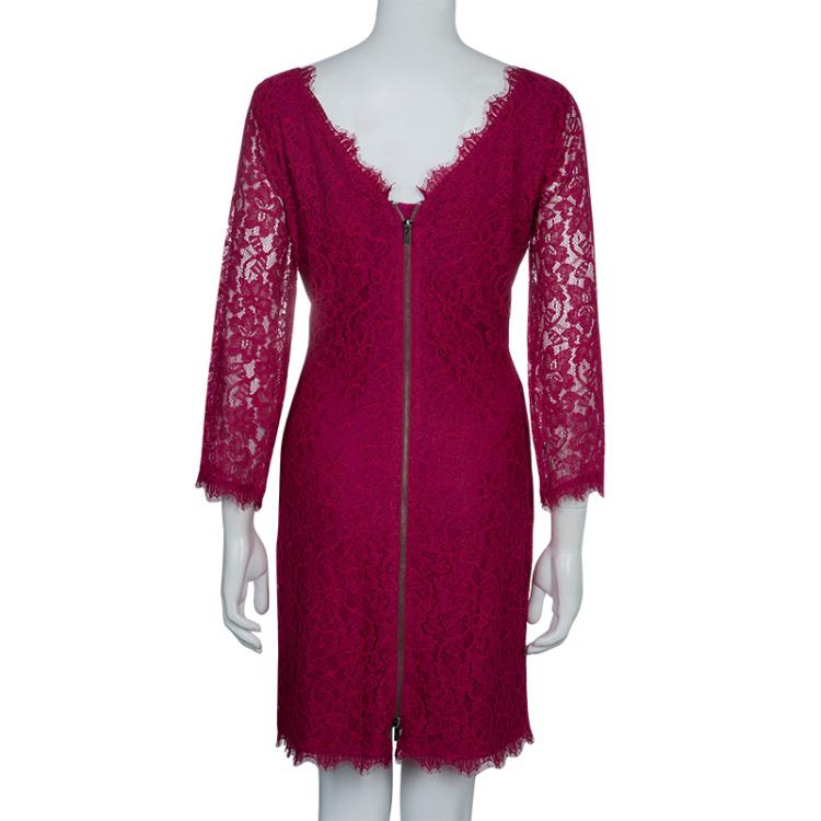 Pre Owned Diane Von Furstenberg Burgundy Zarita Lace Dress L