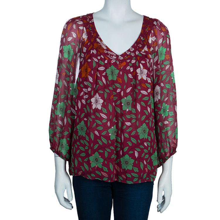 Pre Owned Diane Von Furstenberg Floral Print Davi Top L 