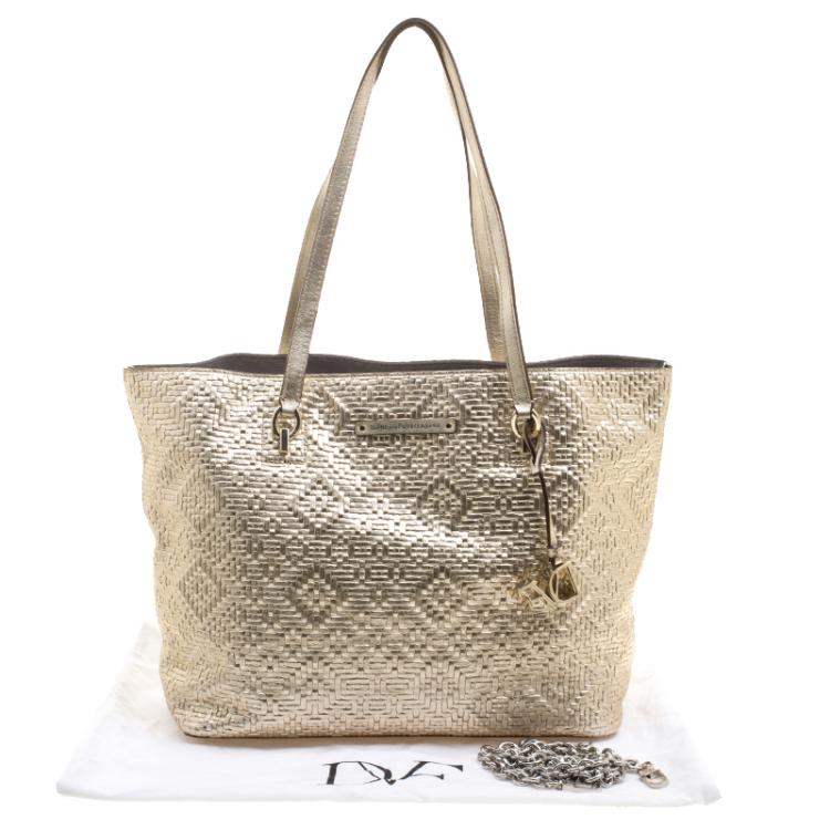 Pre Owned Diane Von Furstenberg Metallic Gold Quilted Leather Ready to Go Tote