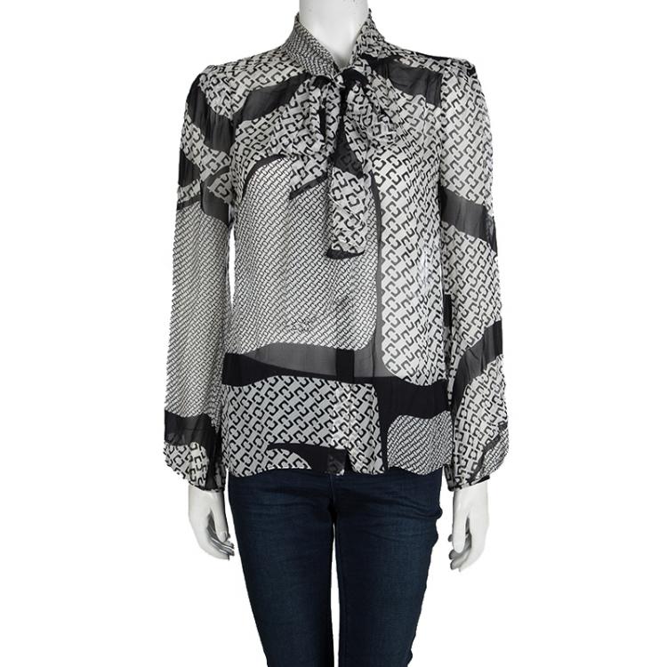 Pre Owned Diane Von Furstenberg Monochrome Printed Sheer Silk Jezebel Blouse M