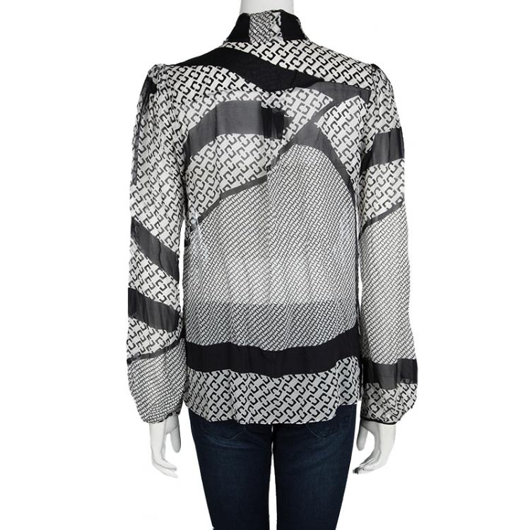 Pre Owned Diane Von Furstenberg Monochrome Printed Sheer Silk Jezebel Blouse M