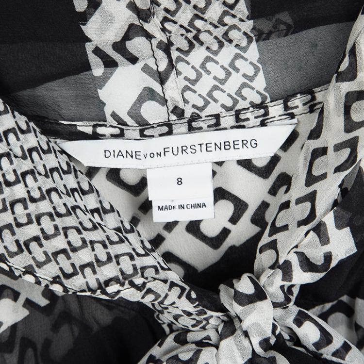 Pre Owned Diane Von Furstenberg Monochrome Printed Sheer Silk Jezebel Blouse M