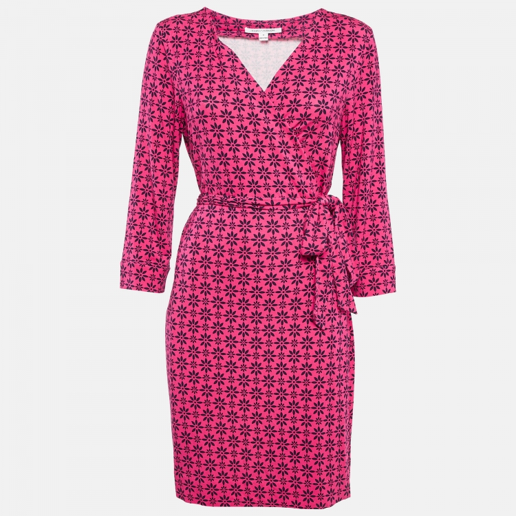 مملوكة مسبقًا Diane Von Furstenberg Pink Jersey New Julian Two Mini Wrap Dress L