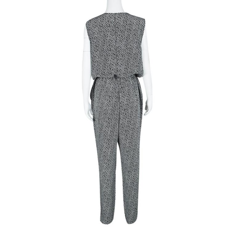 Pre Owned Diane Von Furstenberg Monochrome Printed Silk Belted Rawena Jumpsuit XL