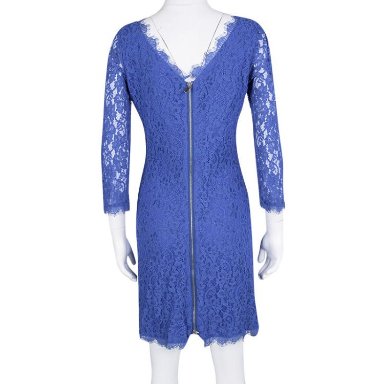Pre Owned Diane Von Furstenberg Blue Lace Zarita Long Sleeve Dress M