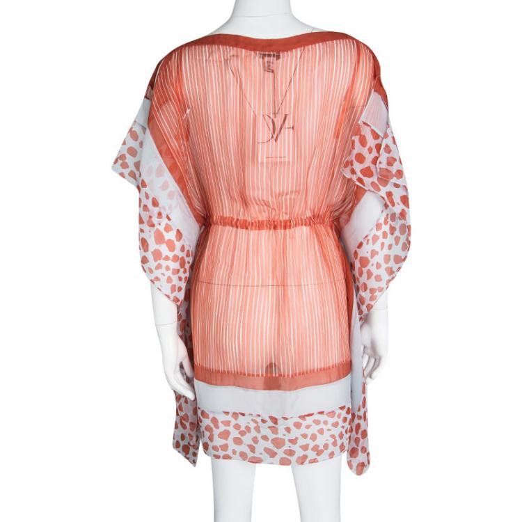 مملوكة مسبقًا Diane Von Furstenberg Orange and White Tassel Detail Silk Kainda Kaftan XS