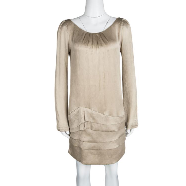 Pre Owned Diane Von Furstenberg Beige Crinkled Silk Tiered Long Sleeve Tiari Dress S